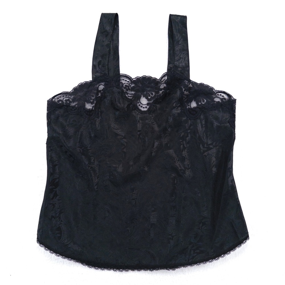 Deena Womens Camisole Small Black Lace Trim Floral Jacquard Vintage Lingerie Top